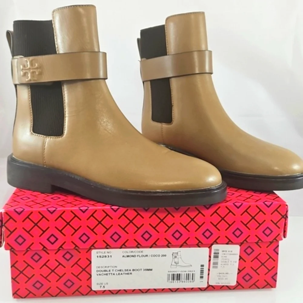 Tory Burch Embossed Leather Double T Chelsea Ankle Boots Size 7.5